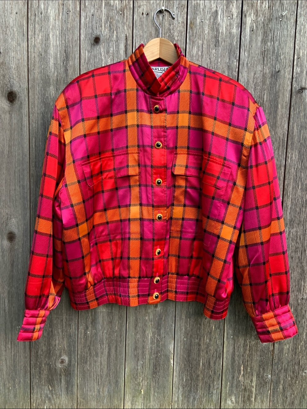 Silk Carlisle Hot Pink and Orange Plaid Bomber Jacket 14